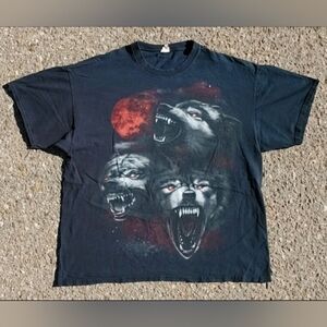 Y2K 2000s Dark Fantasy Psychotic Wolves Cotton T-Shirt Size (XL)